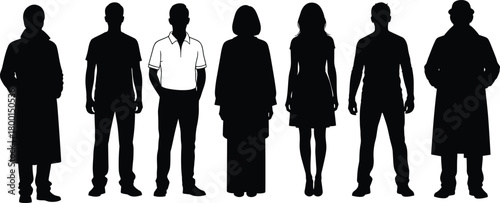 Silhouette diversity illustration, human figures, clothing styles, posture variation, black vector, identity concept, fashion contrast, standing pose, design art