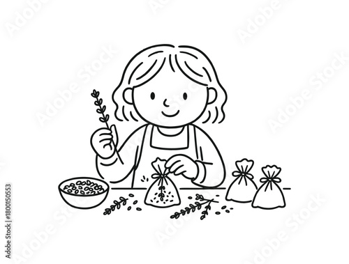 handdrawn cute doodle style person preparing lavender sachets vector line illustration