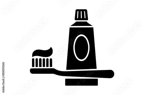 toothbrush and toothpaste flat black solid vector illustration isolated on white background