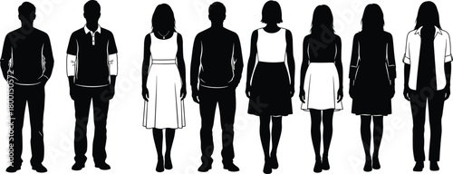 Silhouette fashion contrast, black white figures, clothing styles, posture variation, vector illustration, design concept, standing pose, cultural diversity