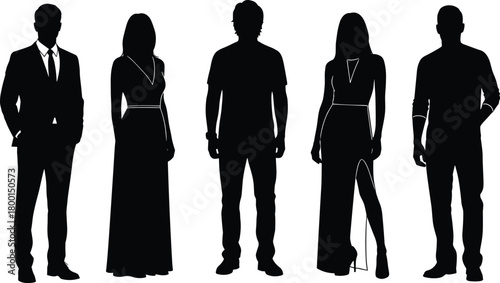 Silhouette fashion contrast, formal casual mix, posture variation, black vector, style diversity, standing pose, design illustration, identity concept