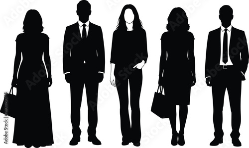 Silhouette attire contrast, formal casual mix, posture variation, black vector, identity concept, standing pose, design illustration, comparison art