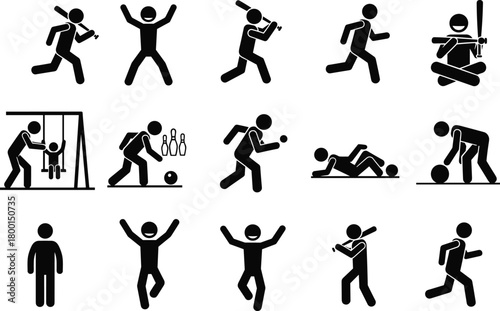 WebStick figure sports icons, physical activities, dynamic poses, black vector illustration, running, swinging, dancing, bowling, wrestling, playful movement, exercise