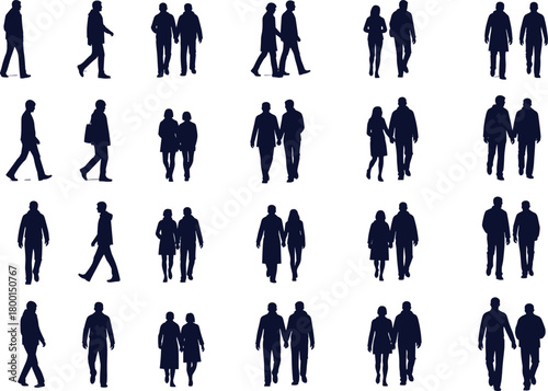 Walking silhouette grid, pedestrian motion, human interaction, dark blue vector, posture variation, social behavior, movement study, design illustration