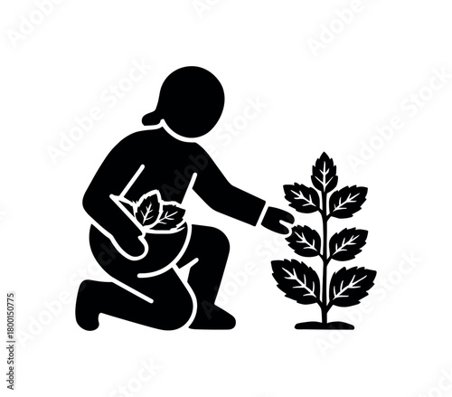 person collecting mint leaves flat black solid vector illustration isolated on white background