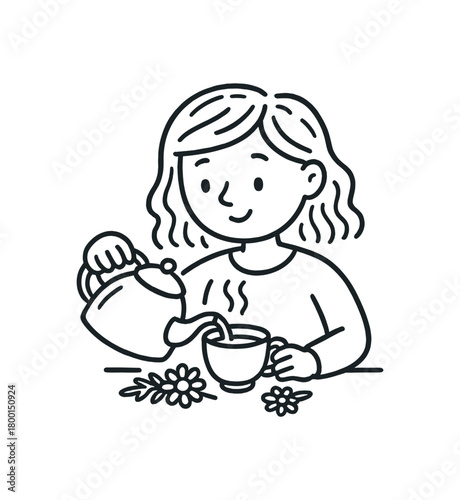 handdrawn cute doodle style woman preparing chamomile infusion vector line illustration