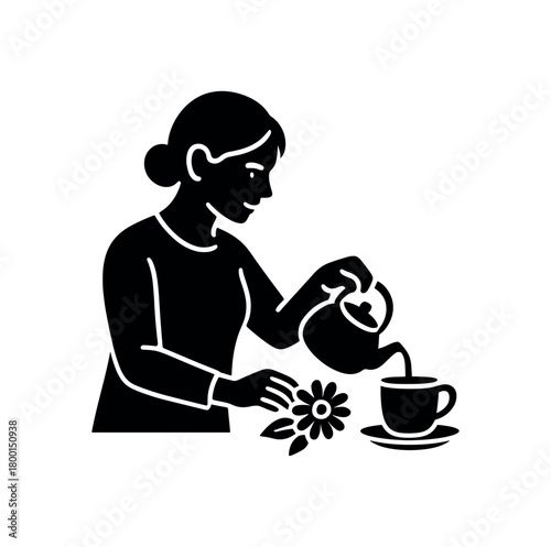 woman preparing chamomile infusion flat black solid vector illustration isolated on white background