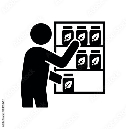 person organizing herbal cabinet flat black solid vector illustration isolated on white background