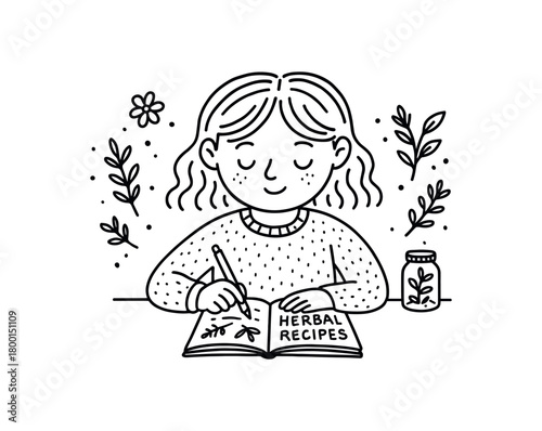 handdrawn cute doodle style woman journaling herbal recipes vector line illustration