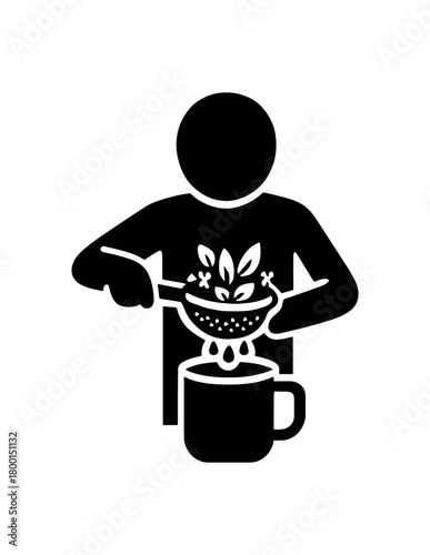 person straining herbal mixture flat black solid vector illustration isolated on white background