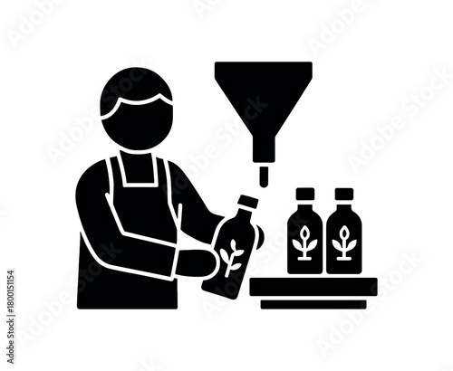 person bottling herbal syrup flat black solid vector illustration isolated on white background