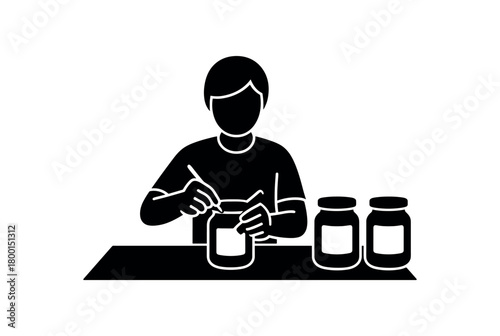 person decorating jars with labels flat black solid vector illustration isolated on white background