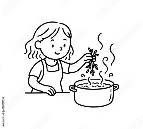 handdrawn cute doodle style woman placing herbs boiling pot vector line illustration