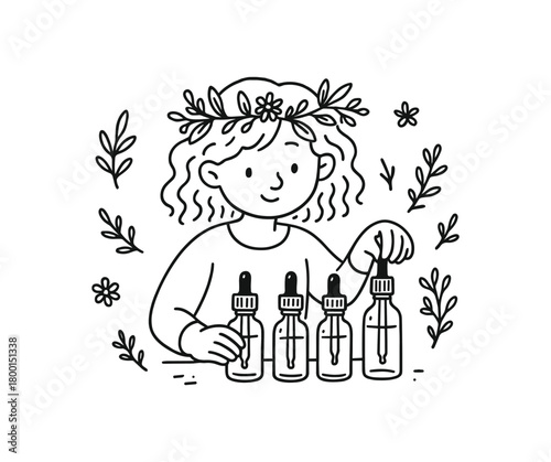 handdrawn cute doodle style herbalist arranging glass dropper bottles vector line illustration
