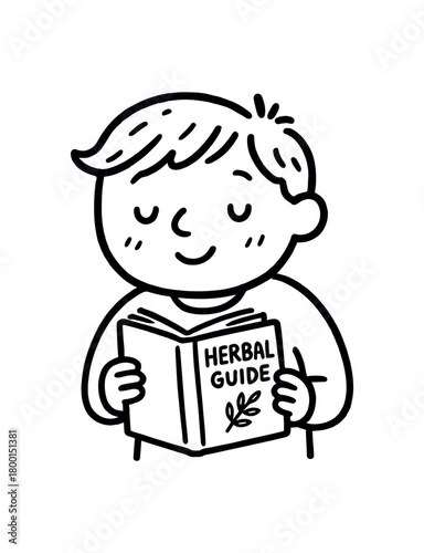 handdrawn cute doodle style person holding herbal guidebook vector line illustration