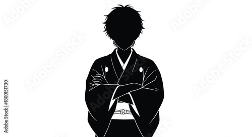 A silhouetted figure wearing traditional japanese clothing arms crossed