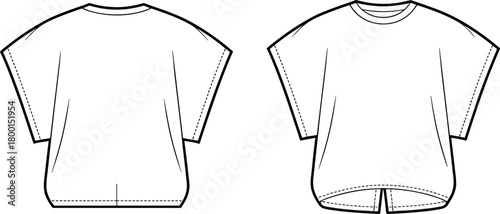 Technical fashion flat sketch, short sleeve top front and back view, drop shoulder, curved hem, apparel design, garment illustration, vector