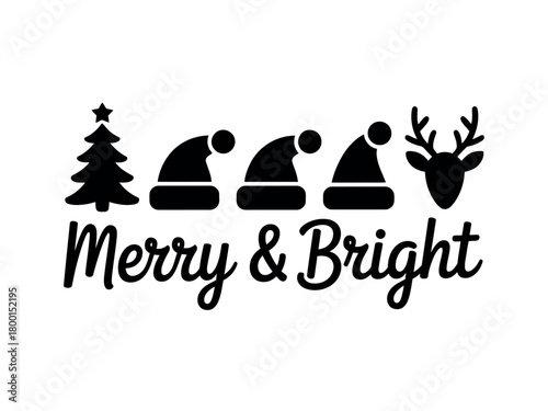 A festive Christmas tree, Santa hats, and a reindeer head accompany the phrase 'Merry & Bright'.