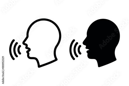 Two profile icons represent the act of speaking or communicating with sound waves emanating from their mouths.