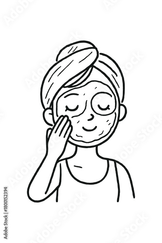 handdrawn cute doodle style woman applying face mask vector line illustration