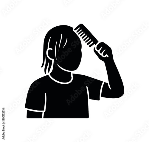 person combing wet hair flat black solid vector illustration isolated on white background