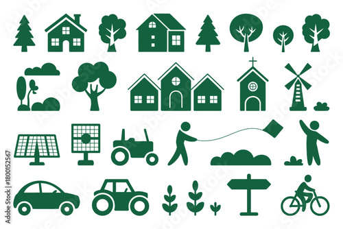 A collection of green icons representing eco-friendly living and rural elements.