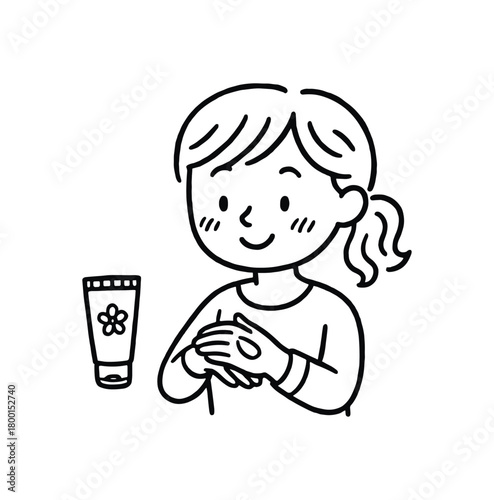 handdrawn cute doodle style woman rubbing hands with cream vector line illustration