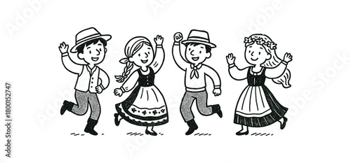 handdrawn cute doodle style people dancing traditional costumes vector line illustration