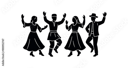 people dancing traditional costumes flat black solid vector illustration isolated on white background