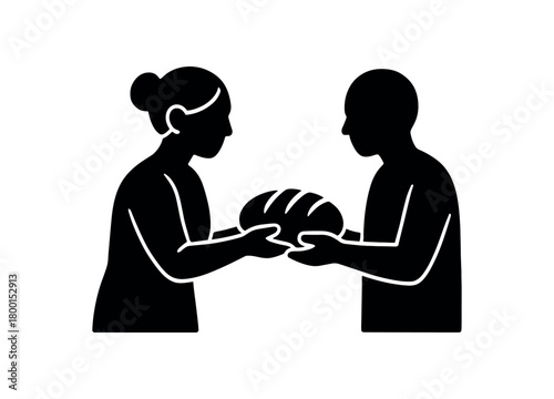 people sharing homemade bread flat black solid vector illustration isolated on white background