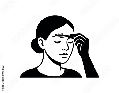 woman brushing eyebrows flat black solid vector illustration isolated on white background