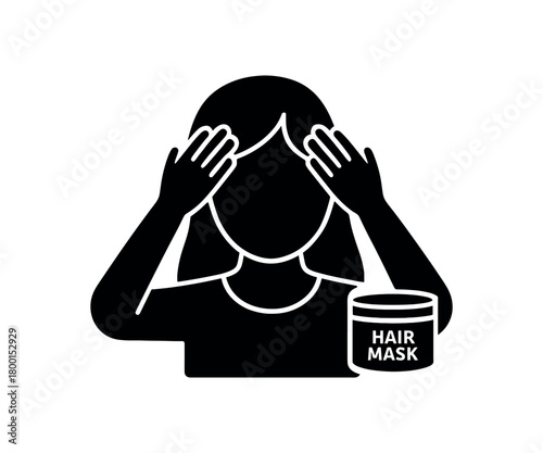 person putting hair mask flat black solid vector illustration isolated on white background