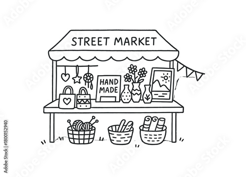 handdrawn cute doodle style street market with handmade crafts vector line illustration