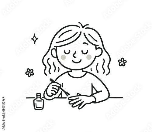 handdrawn cute doodle style woman doing manicure at home vector line illustration