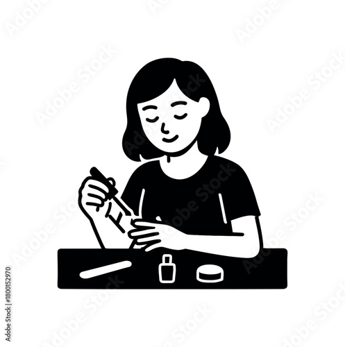 woman doing manicure at home flat black solid vector illustration isolated on white background