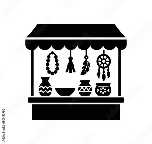 street market with handmade crafts flat black solid vector illustration isolated on white background