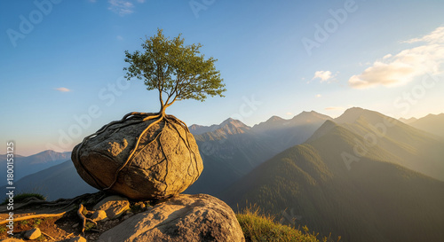 tree growing on a rock with a beautiful mountain view