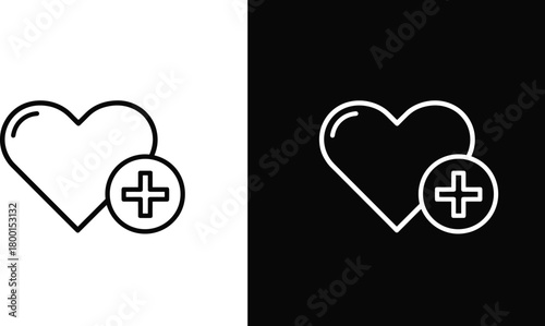 Heart with medical cross icon set, health care and hospital symbol, first aid and love concept vector illustration, black and white design