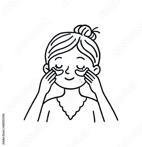 handdrawn cute doodle style woman applying undereye patches vector line illustration