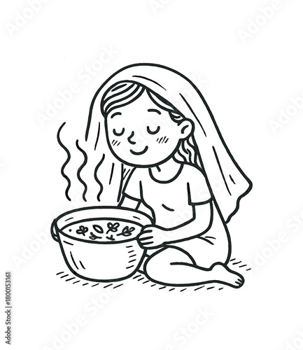 handdrawn cute doodle style woman sitting with herbal face steam vector line illustration