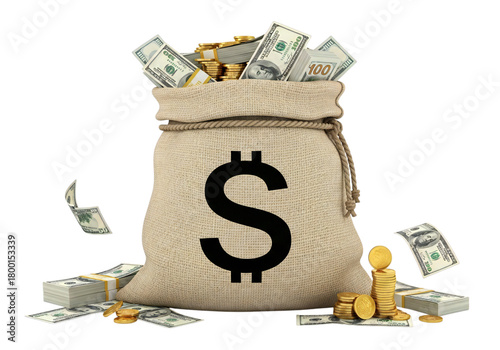 A full burlap money bag with a dollar sign overflowing with cash isolated on transparent background