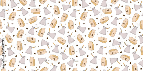 Cezve for making coffee. Seamless pattern. Bag of coffee beans. Line icon. International Coffee Day. Doodle style drawing. Cafe, coffee shop. Repeating background.
