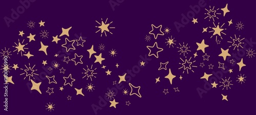 Flying gold star comet vector with deep purple background. Premium gold star sparkles shining comets pattern. Holiday starlight banner backdrop. Corner design