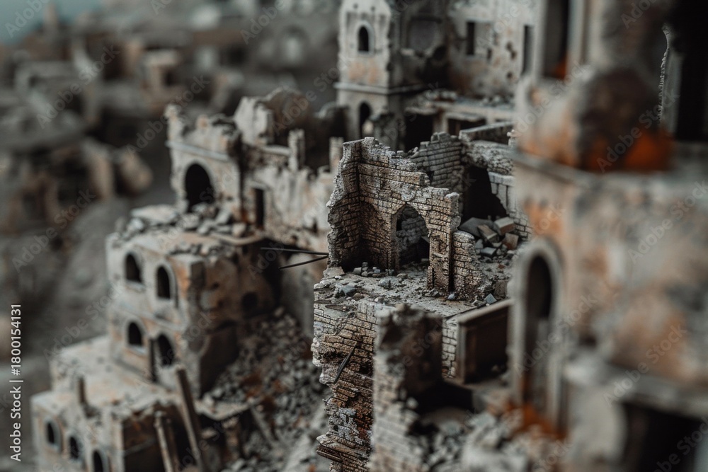 Obraz premium Many destroyed buildings in brown landscape after war times. Neural network ai generated art