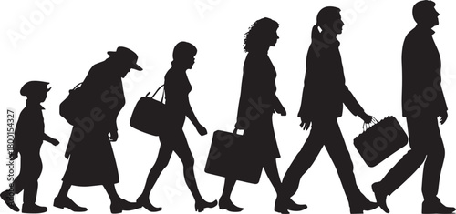 Silhouette Commuters Walking in Line, Minimalist Graphic Illustration
