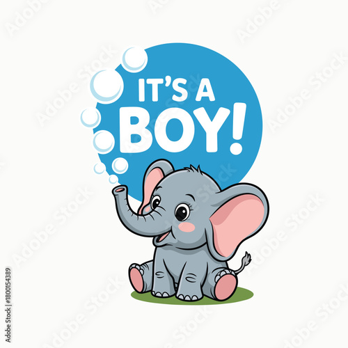 Cute cartoon baby elephant sitting on green grass with bubbles and text it's a boy illustration.