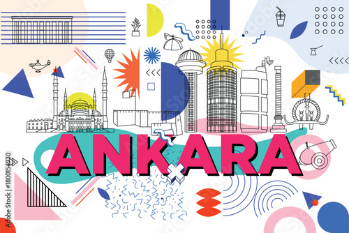 Typography word "Ankara" branding technology concept. Collection of flat vector web icons. Memphis culture travel set, famous architectures and specialties detailed silhouette. Turkish famous landmark