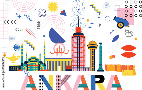 Typography word "Ankara" branding technology concept. Collection of flat vector web icons. Memphis culture travel set, famous architectures and specialties detailed silhouette. Turkish famous landmark