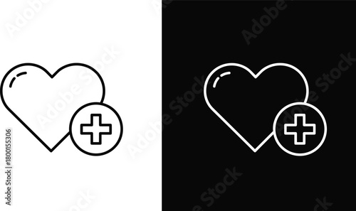 Heart with medical cross icon, health care and hospital service symbol, medical assistance vector illustration in black and white minimal design