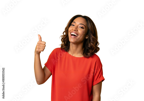 Joyful woman with thumbs up gesture isolated on transparent background